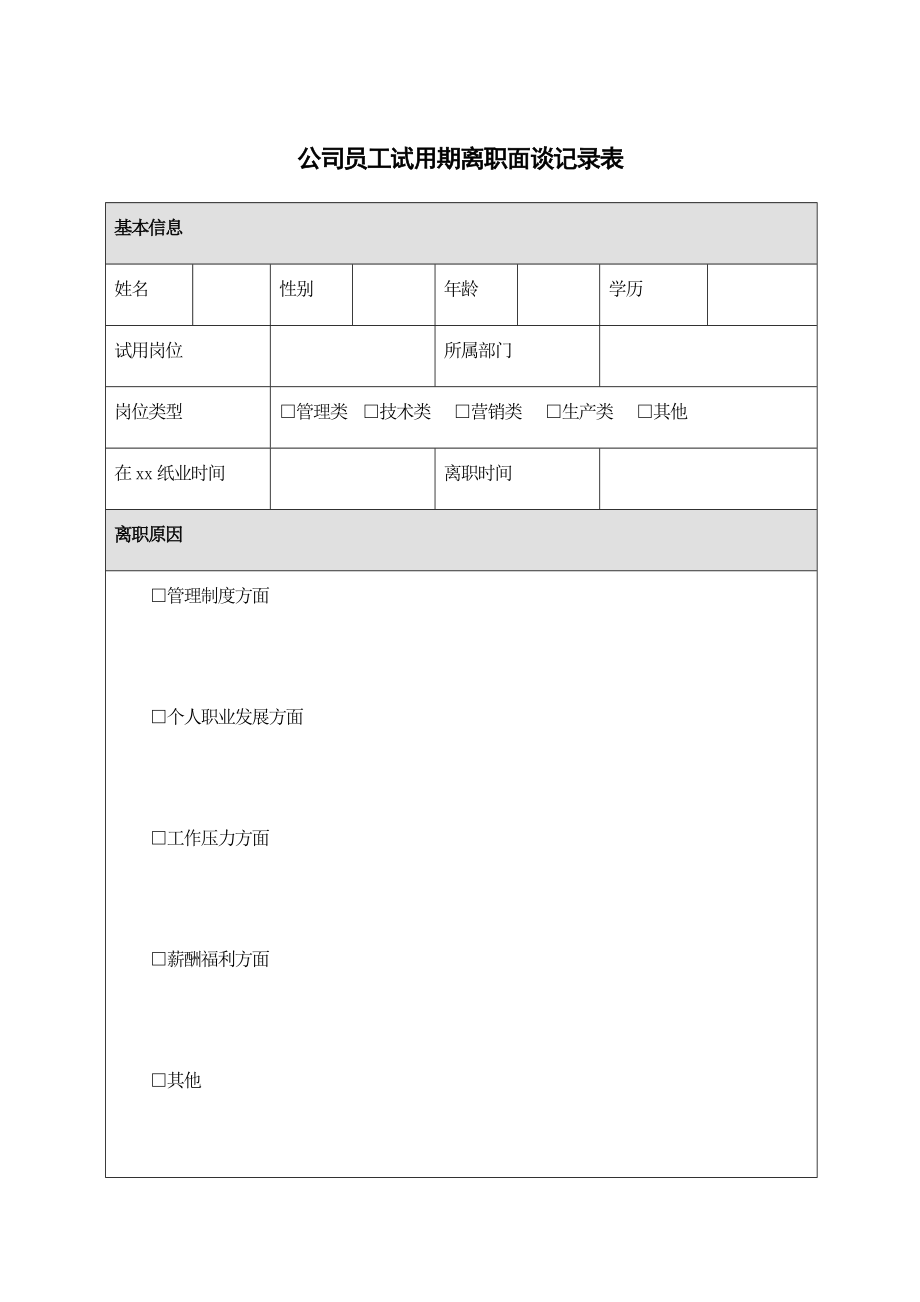 公司员工试用期离职面谈记录表.docx_第1页