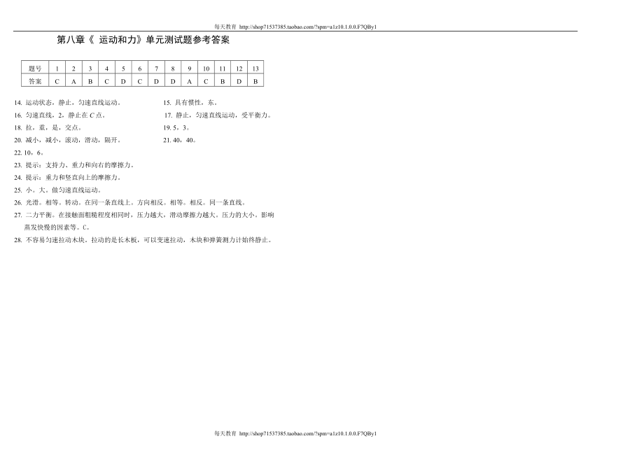 最新人教版级 第八章《运动和力》单元测试题(含答案) .doc_第3页