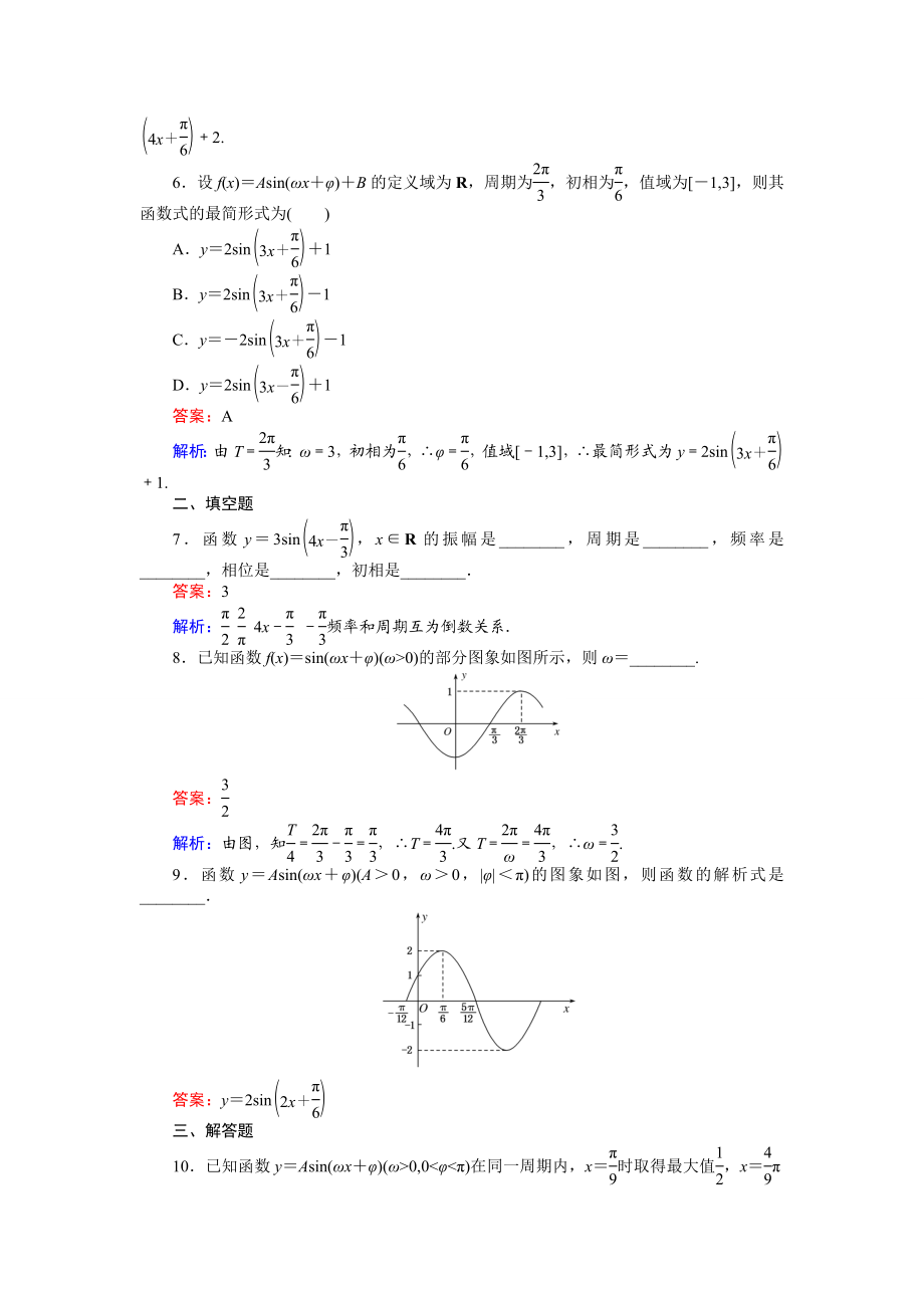 2016-2017学年高中人教A版数学必修4（45分钟课时作业与单元测试卷）：第15课时 简谐运动、由图象求解析式 Word版含解析.doc_第3页