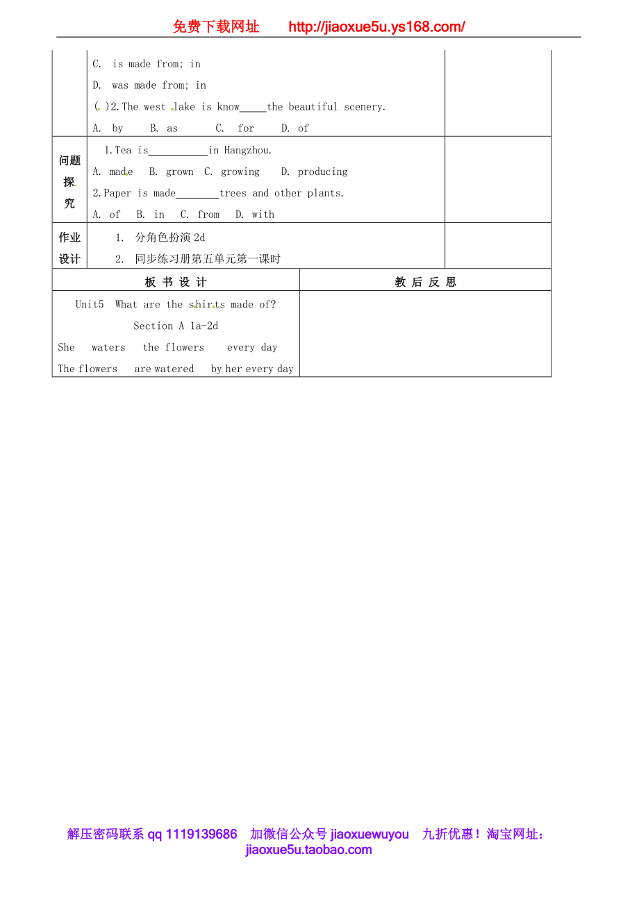 重庆市万州区甘宁初级中学九年级英语全册 Unit 5 What are the shirts made of section A（1a-2d）教案.doc_第2页