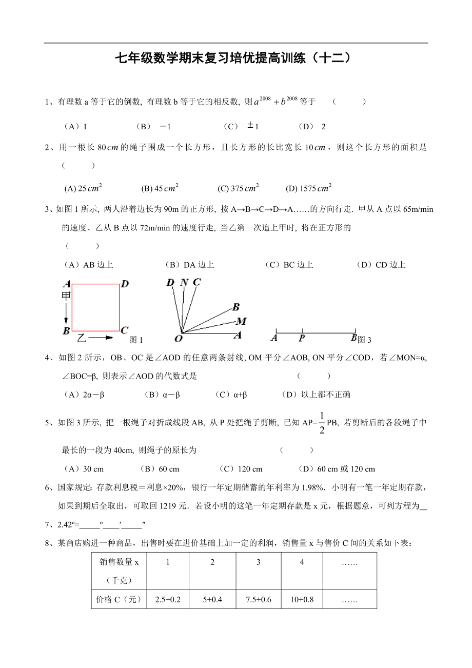 七年级数学期末复习培优提高训练(十二)及答案.doc_第1页