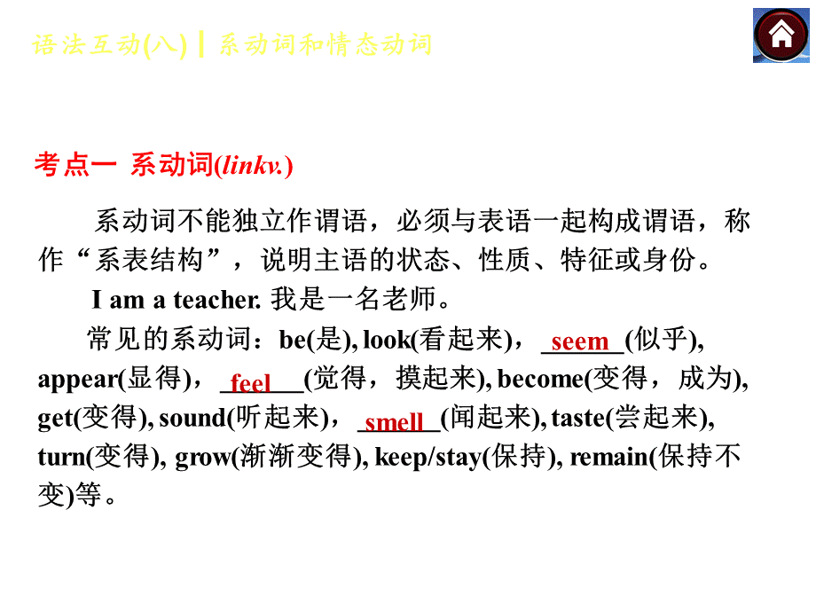 【中考复习方案】（人教版）九年级英语复习课件：语法互动八　系动词和情态动词（共13张PPT）.ppt_第3页