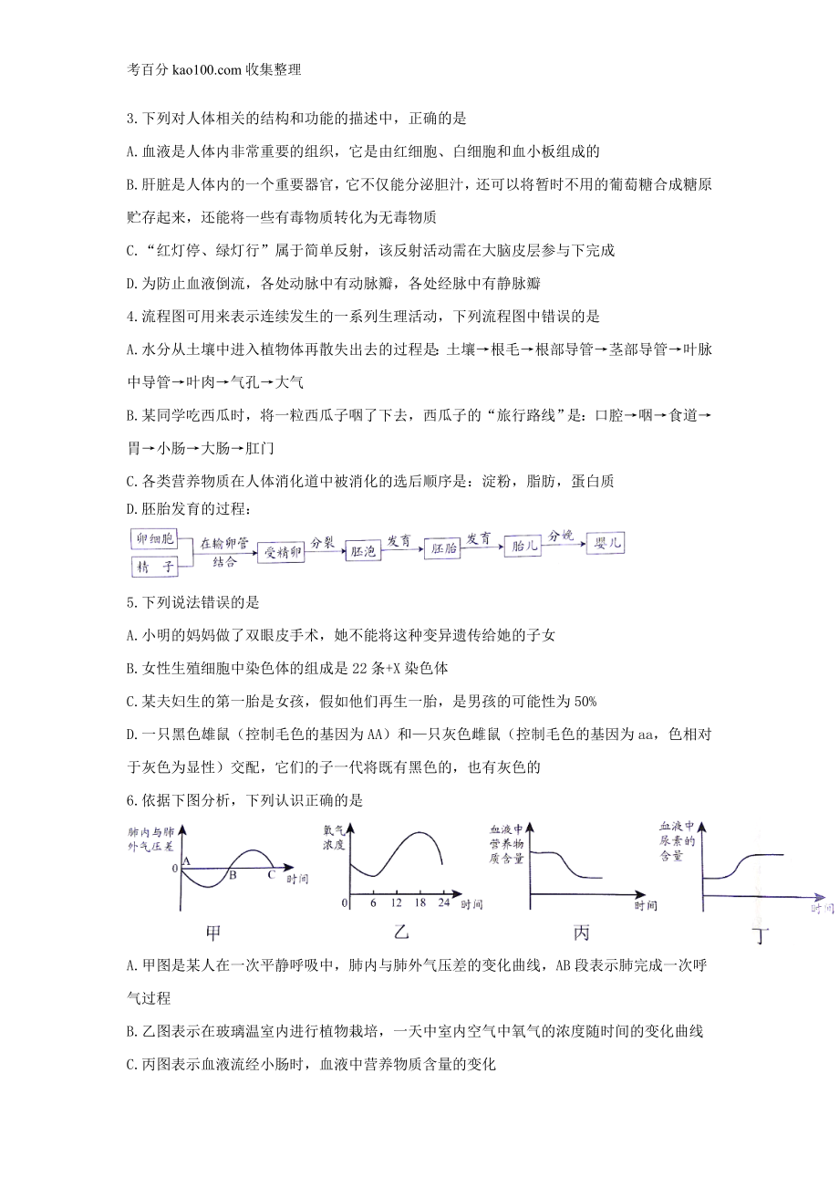 2017湖北随州中考生物试卷(1).doc_第2页