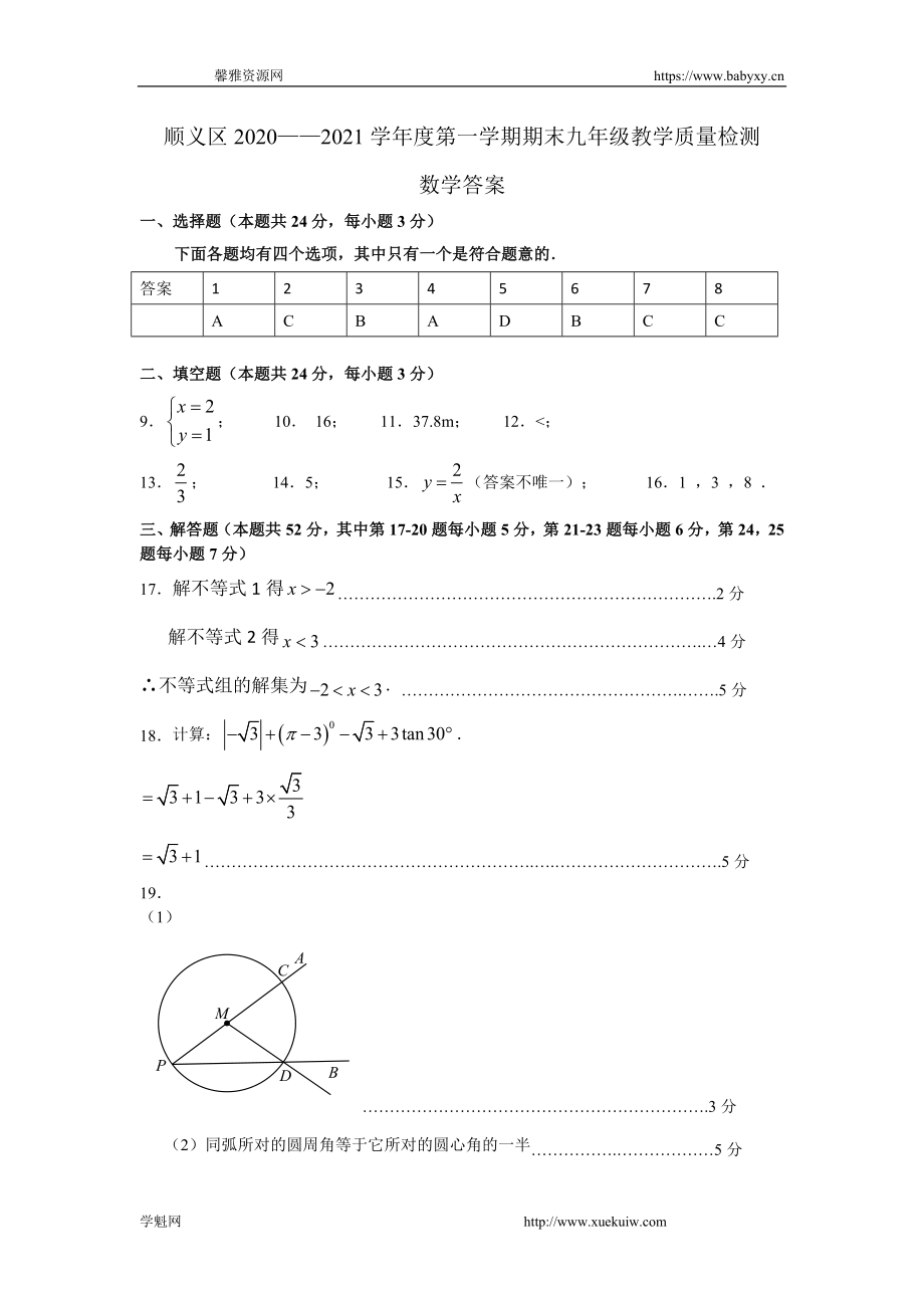 2021.1-9S2-S 顺义初三数学2021.1期末答案.docx_第1页