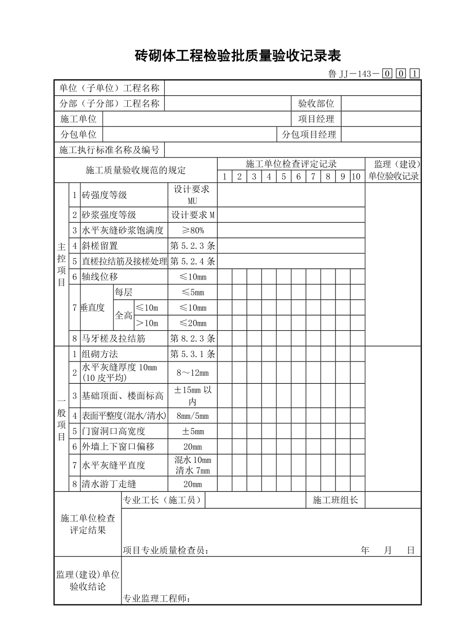 鲁JJ－143砖砌体工程检验批质量验收记录表.DOC_第1页