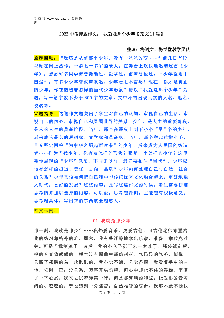 2022中考押题作文： 我就是那个少年【范文11篇】.doc_第1页