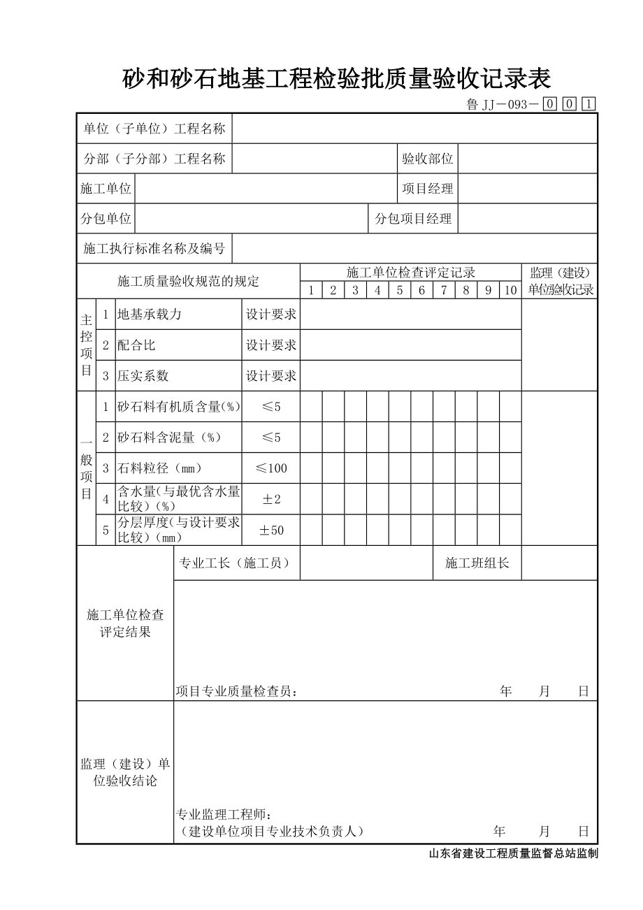 鲁JJ－093砂和砂石地基工程检验批质量验收记录表.DOC_第1页