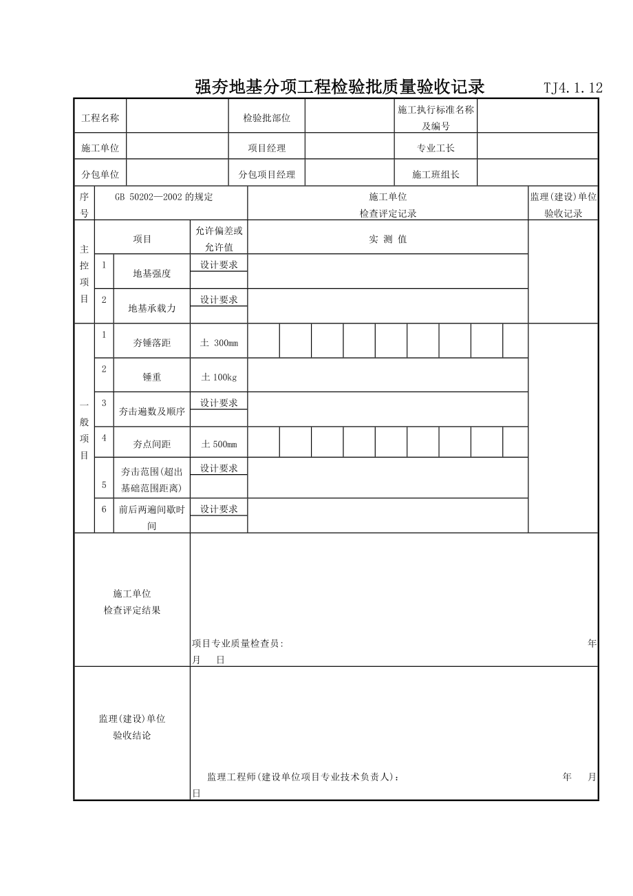 056 强夯地基分项工程检验批质量验收表 TJ4-1-12.doc_第1页