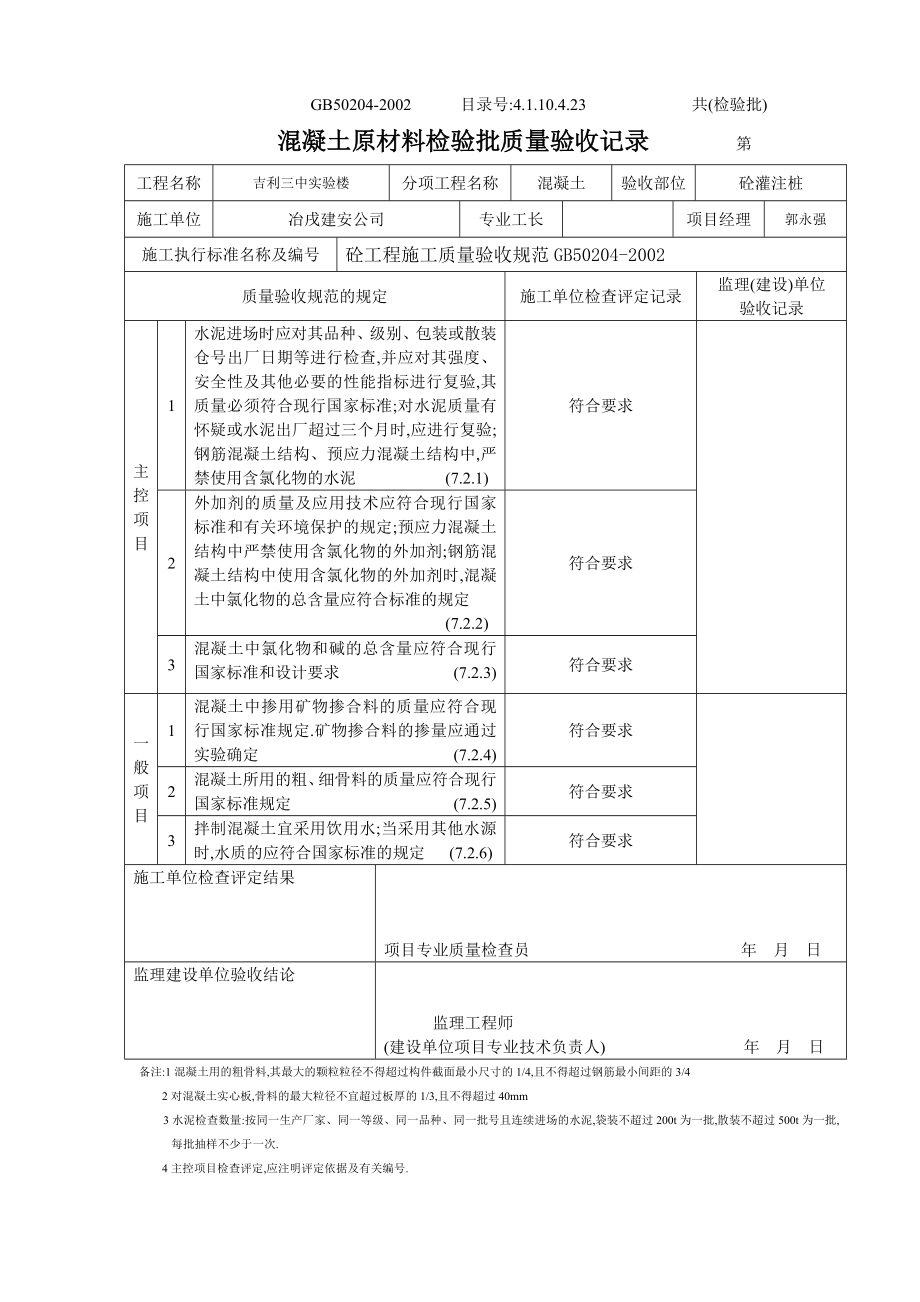 4.1.10.4.23 混凝土原材料检验批质量验收记录 .doc_第1页