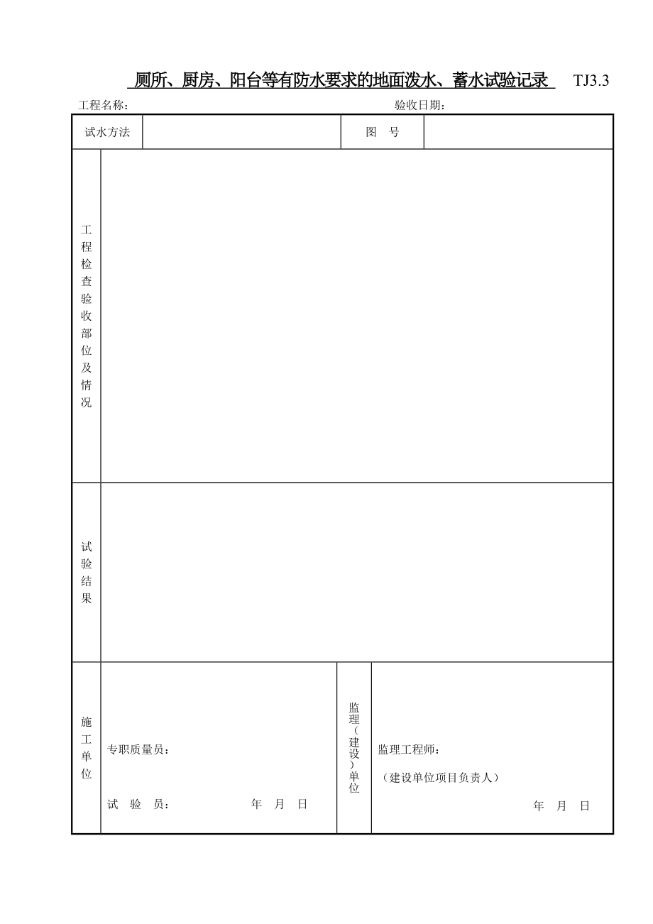 032 厕所、厨房、阳台等有防水要求的地面泼水、蓄水试验记录.doc_第1页