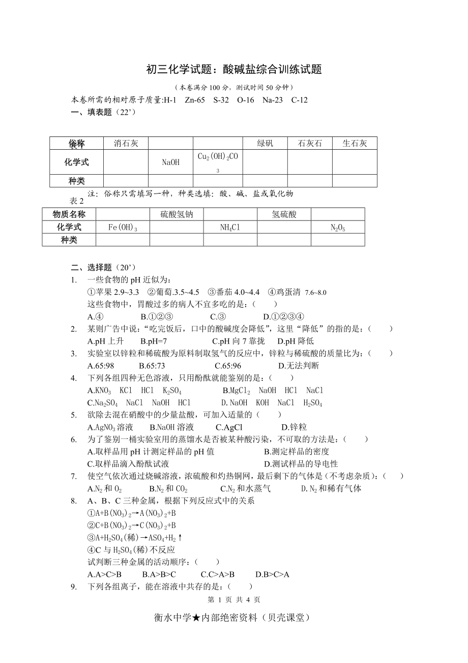 初三化学试题：酸碱盐综合训练试题及答案.doc_第1页