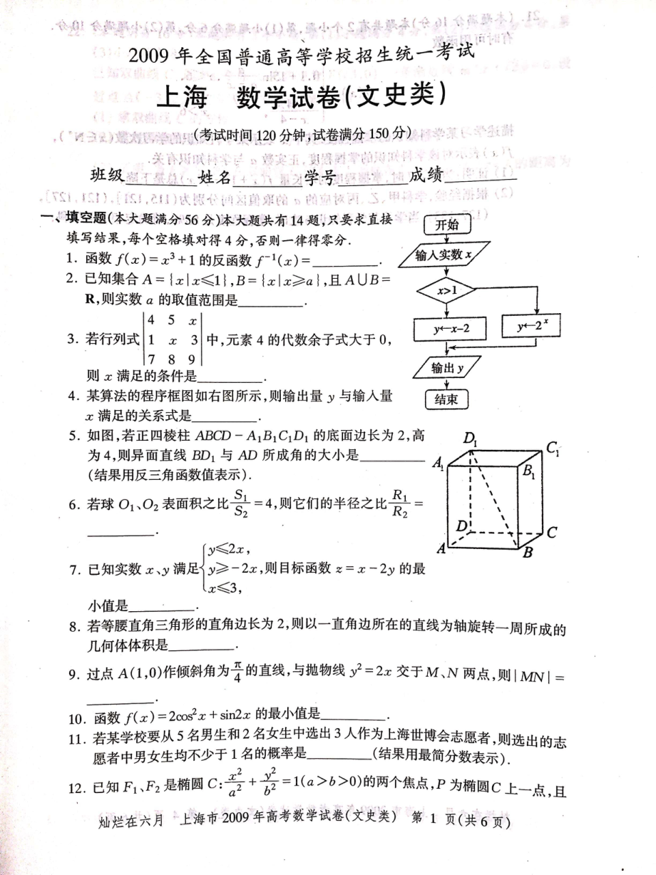 2009年上海高考数学文科真题试卷（PDF版）.pdf_第1页