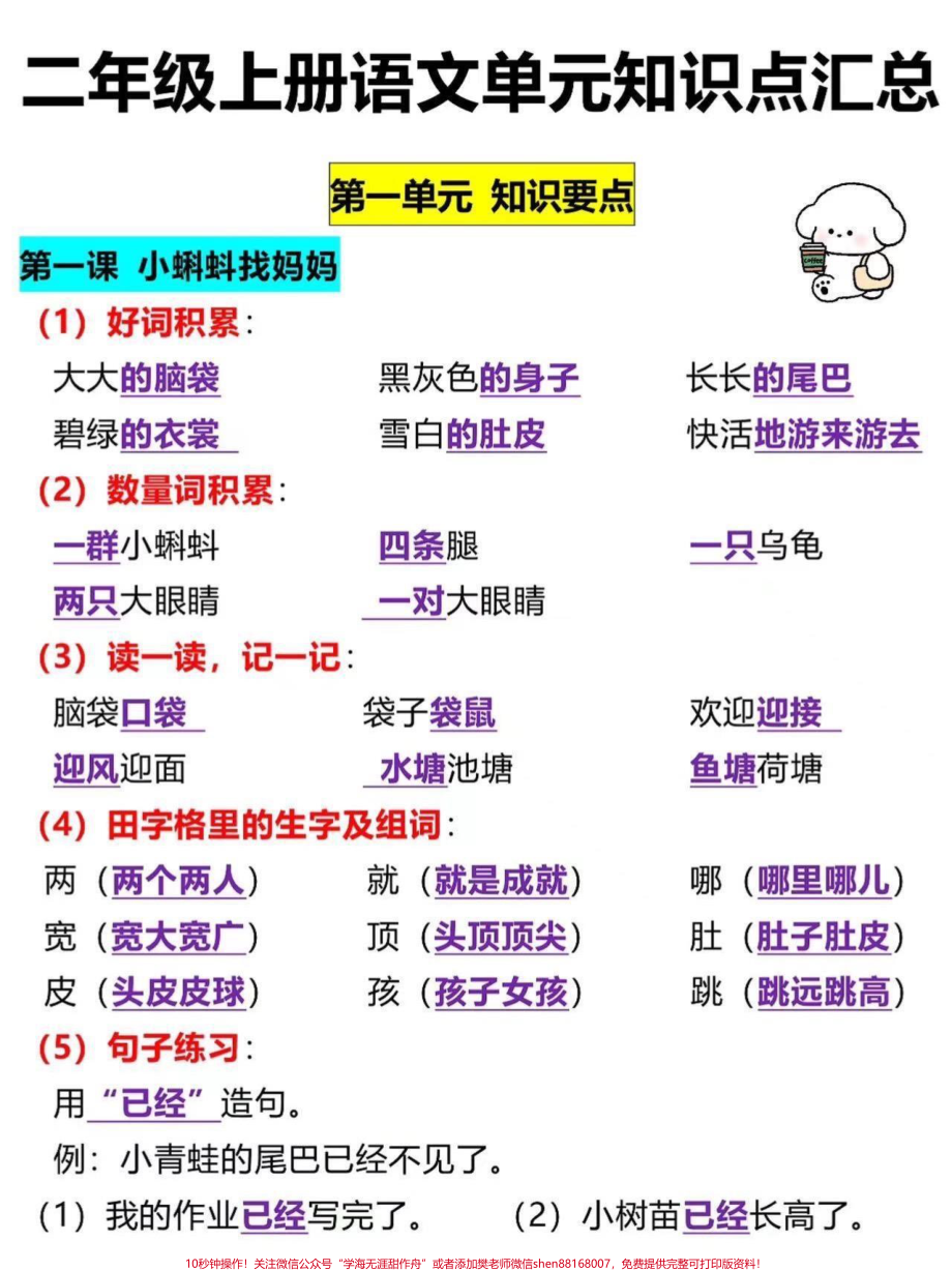 二年级上册语文单元知识点汇总二年级上册语文课文重点老师给大家整理出来了家长给孩子打印一份出来学习都是考试常考必考知识点有电子版可打印家长快给孩子打印出来学习吧！#二年级语文 #知识点总结 #单元复习 @抖音小助手.pdf_第2页