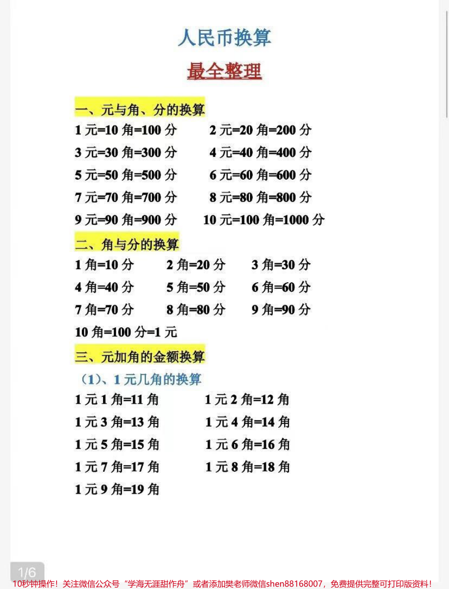 一年级下册数学重难点人民换算最全整理.pdf_第1页