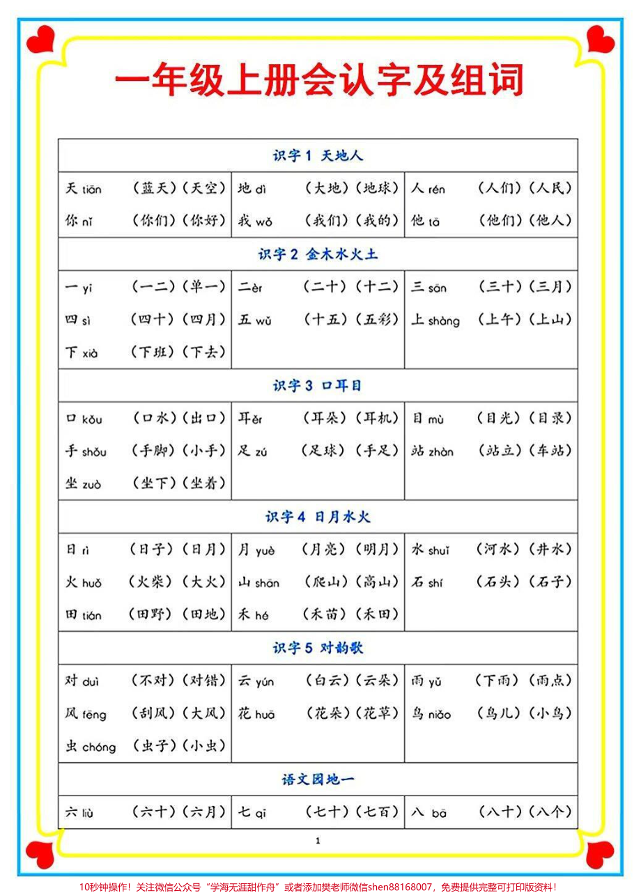 一年级上册语文会认字及组词#教育 #学习 #知识分享 #.pdf_第1页