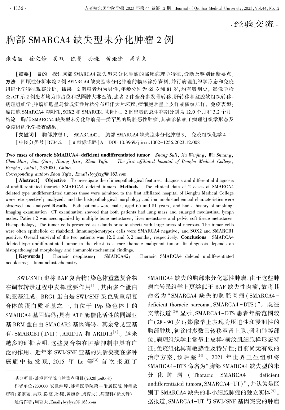 胸部SMARCA4缺失型未分化肿瘤2例.pdf_第1页