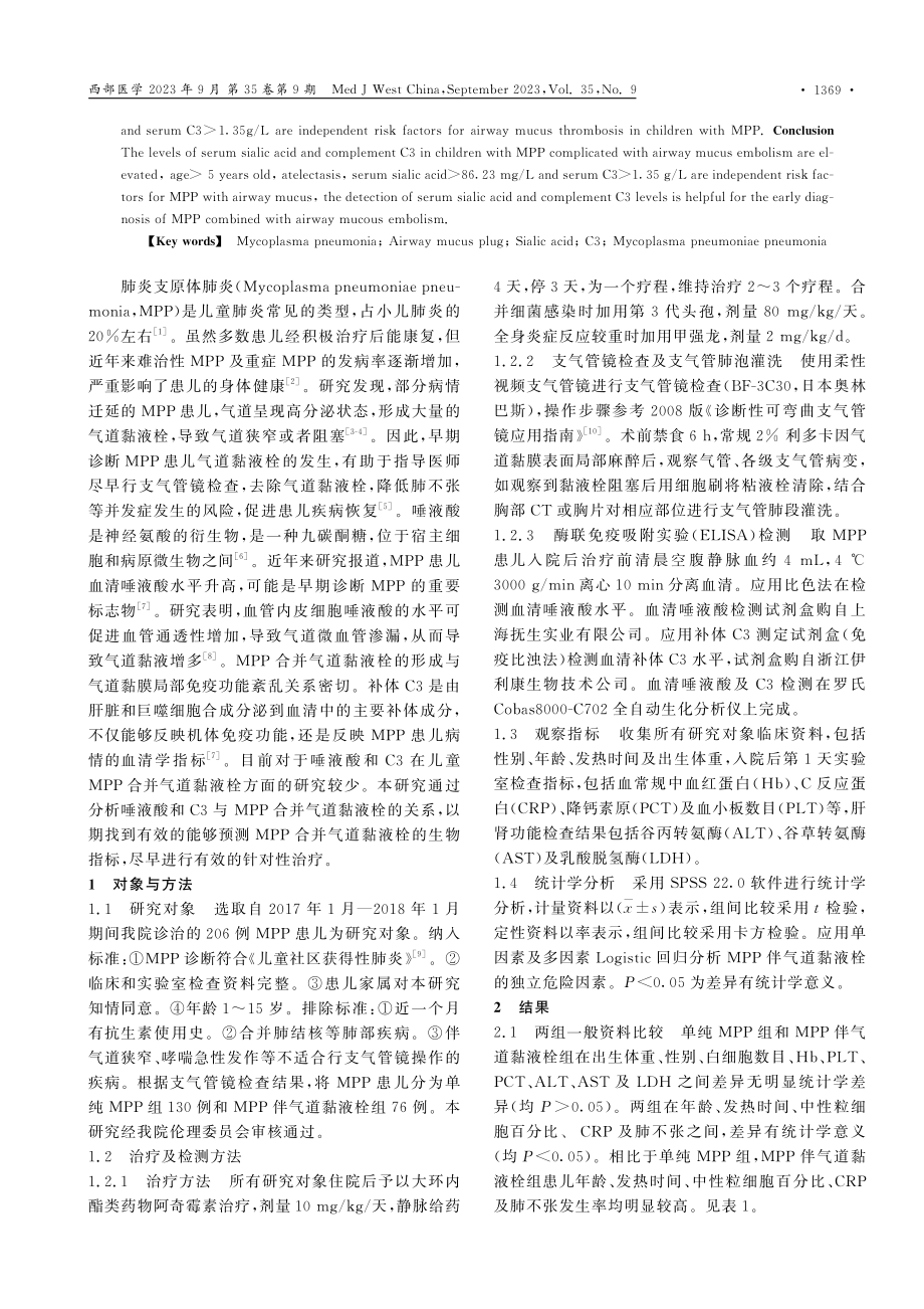 血清唾液酸、C3在支原体肺炎合并气道黏液栓患儿中的临床意义.pdf_第2页