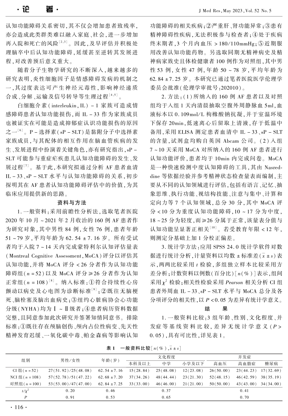 血清IL-33、sP-SLT与心房颤动患者认知功能改变的关系.pdf_第2页