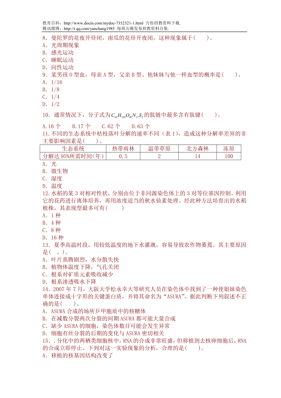 【豆丁★教育百科】教师招聘考试中学生物真题汇编试卷(一).doc_第2页