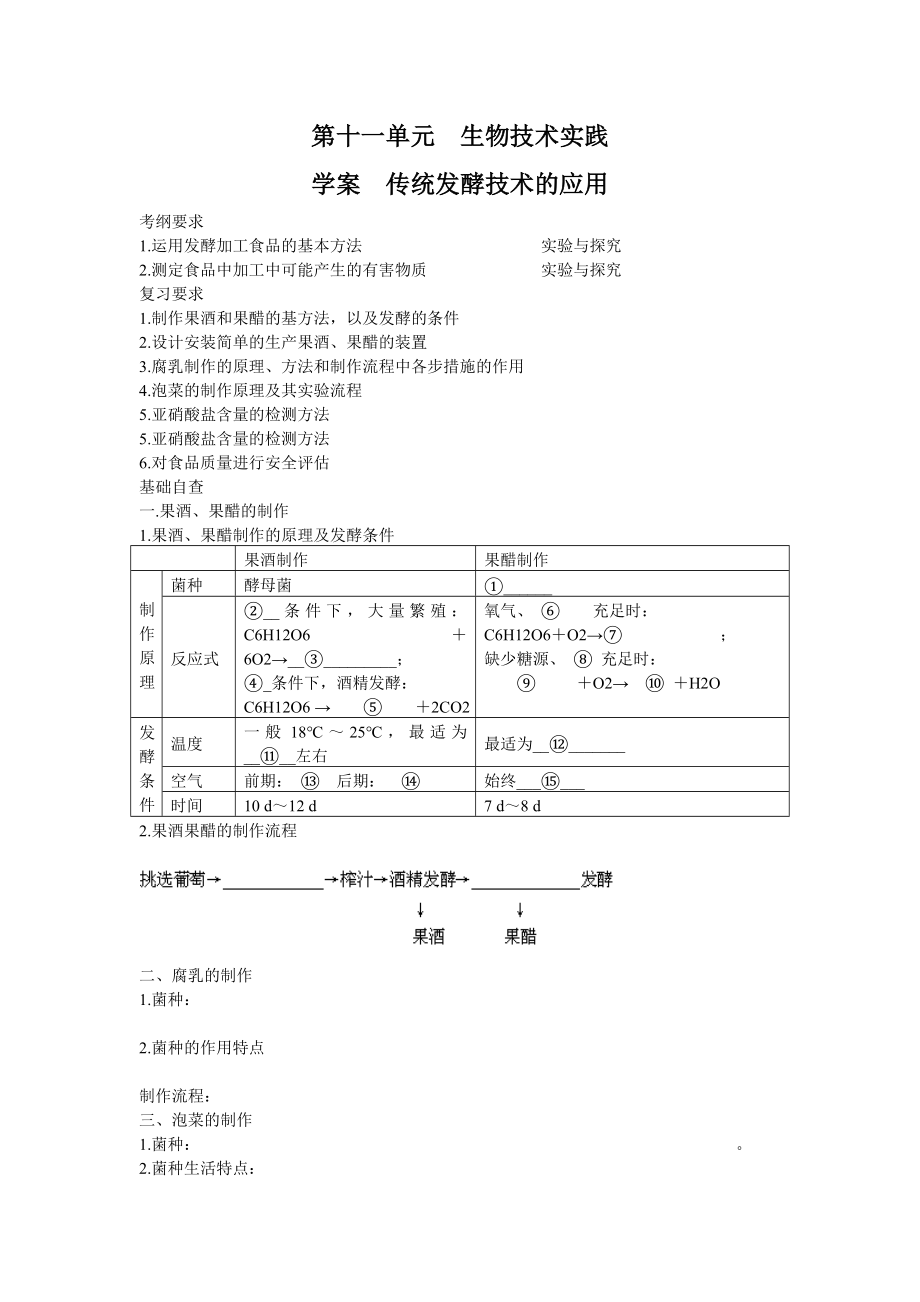 2013届高考生物一轮复习学案：第11单元 传统发酵技术的应用.doc_第1页