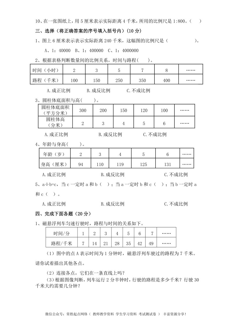 苏教版小学六年级数学下册第6单元《正比例和反比例》综合练习题（1）（无答案）(2).doc_第2页