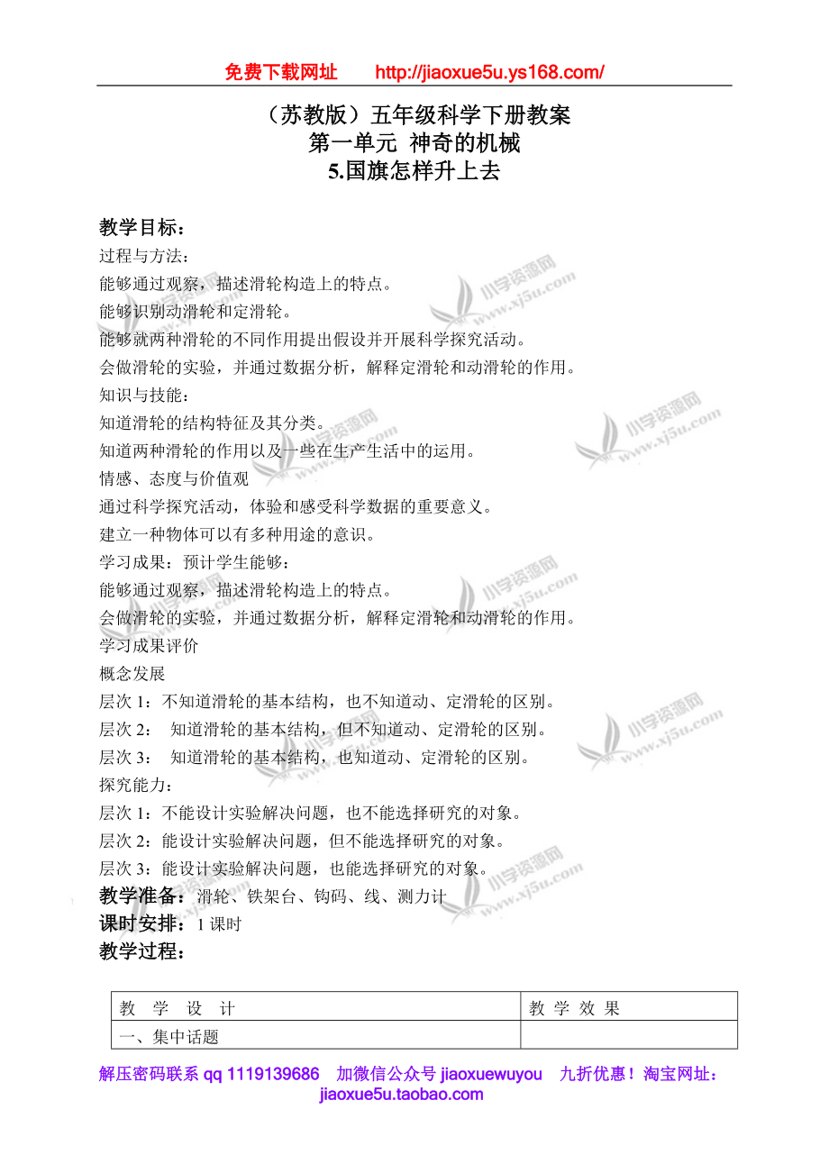 苏教小学科学五下《1.5．国旗怎样升上去》word教案(4).doc_第1页