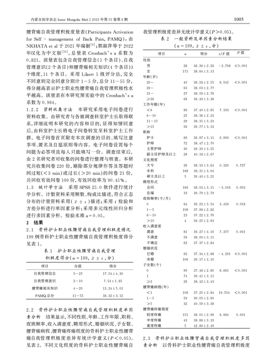 骨科护士职业性腰背痛自我管理积极度现状及影响因素分析.pdf_第2页