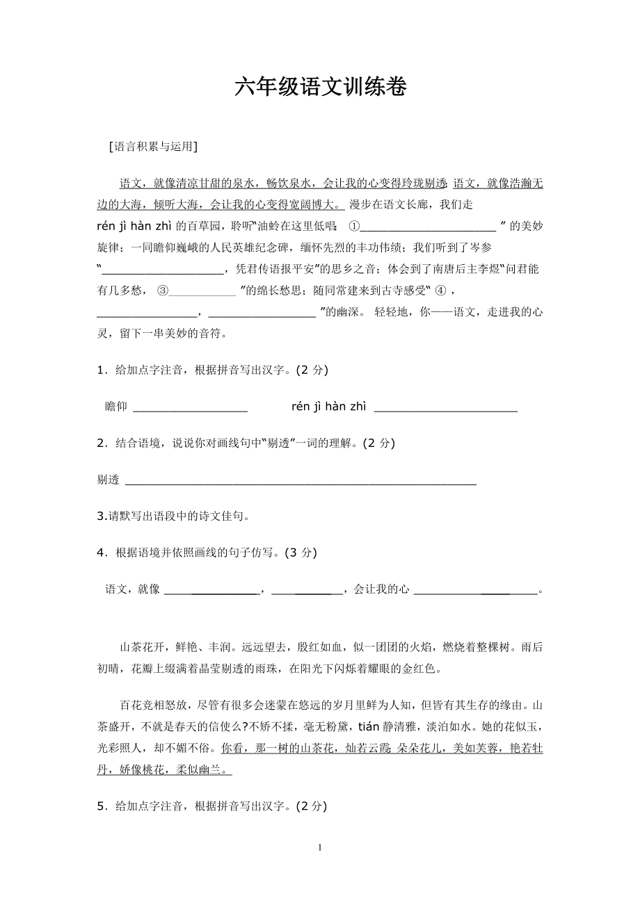 六年级语文下册课外积累阅读训练卷.doc_第1页