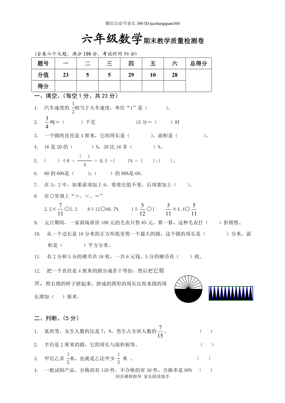 人教版六年级数学上册期末考试卷2(1).doc_第1页