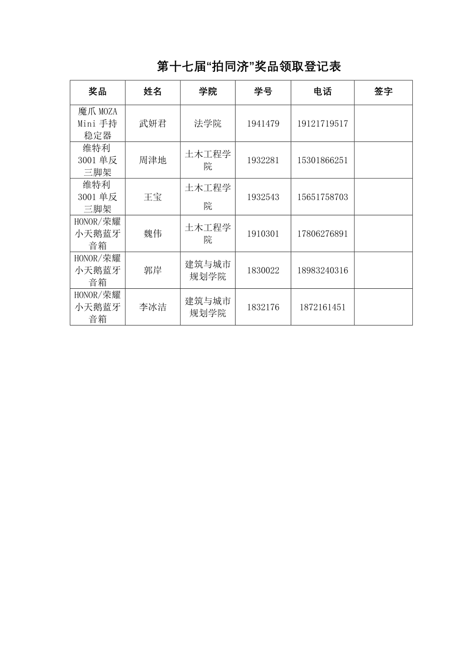 拍同济奖品领取登记表.docx_第1页