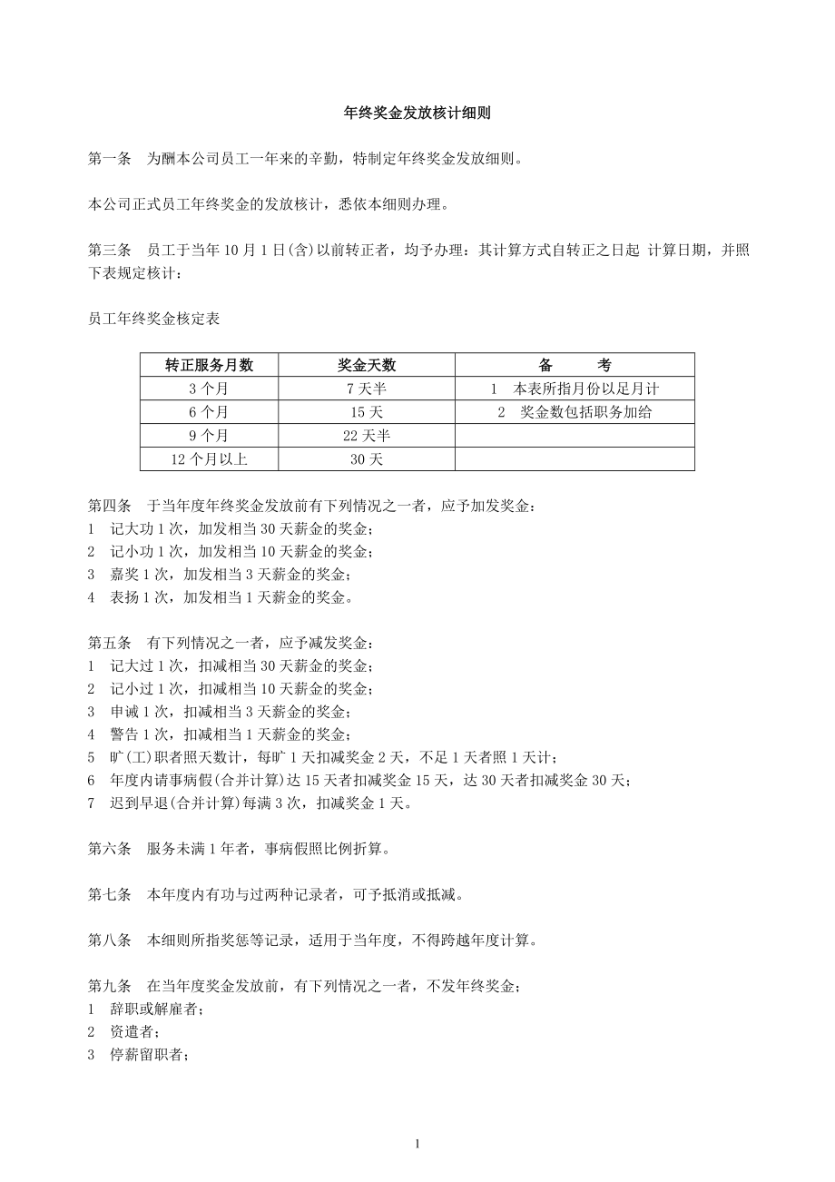 年终奖金发放核计细则.doc_第1页