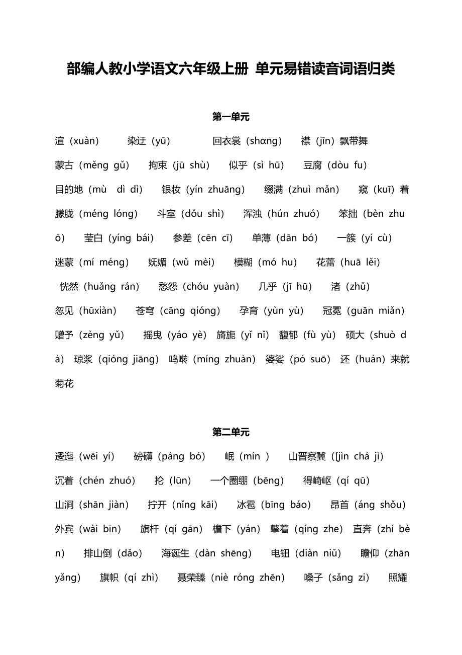 人教小学语文6上 单元易错读音词语归类（5页）.doc_第1页