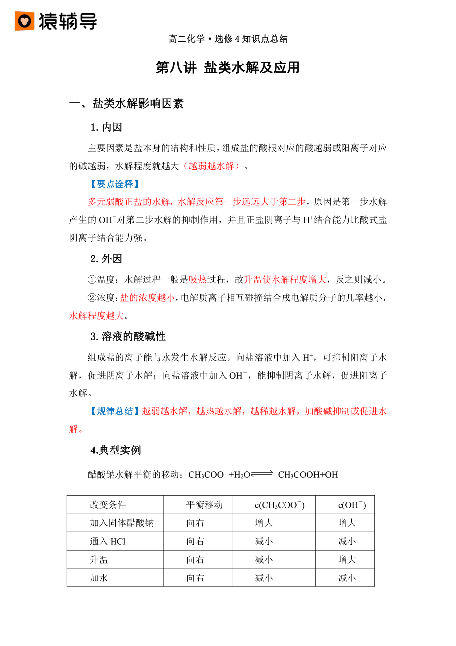 第八讲 【盐类水解及应用】知识点总结（985班） (1).pdf_第1页