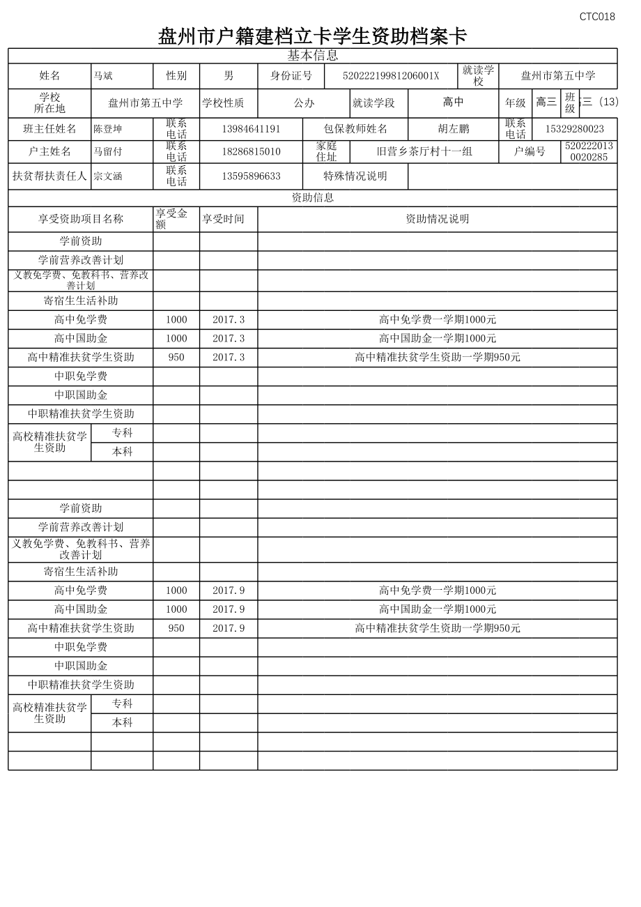 盘州市建档立卡资助档案卡马斌.xlsx_第1页