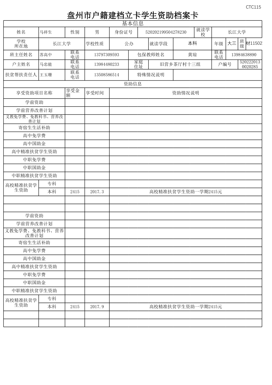 盘州市建档立卡资助档案卡马祥生.xlsx_第1页