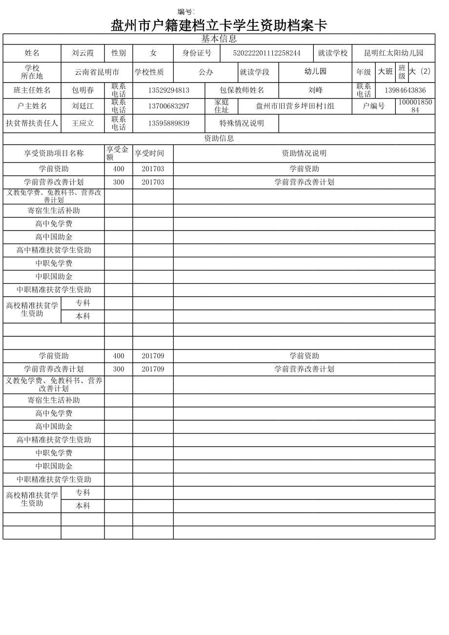 盘州市建档立卡资助档案卡刘云霞.xlsx_第1页