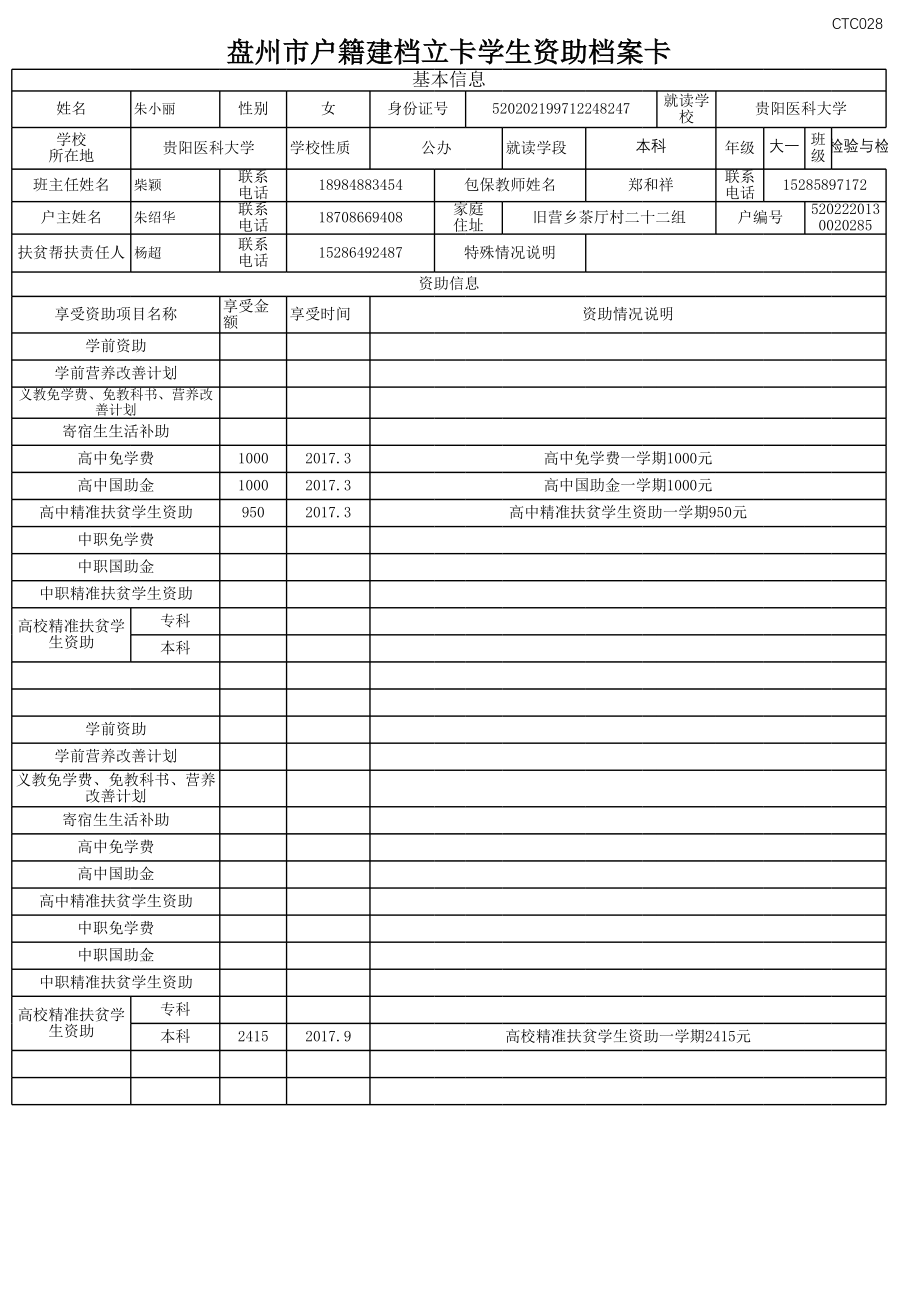 盘州市建档立卡资助档案卡朱小丽.xlsx_第1页