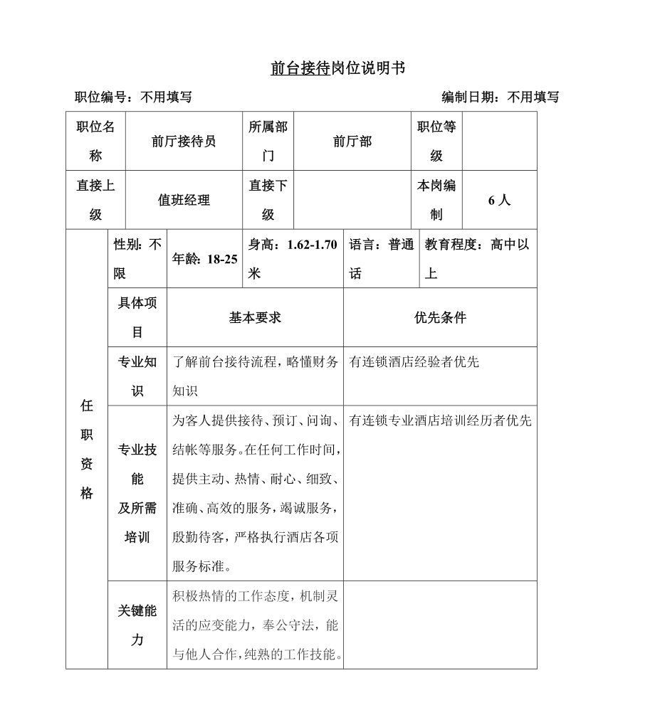 酒店前台岗位说明书.doc_第1页