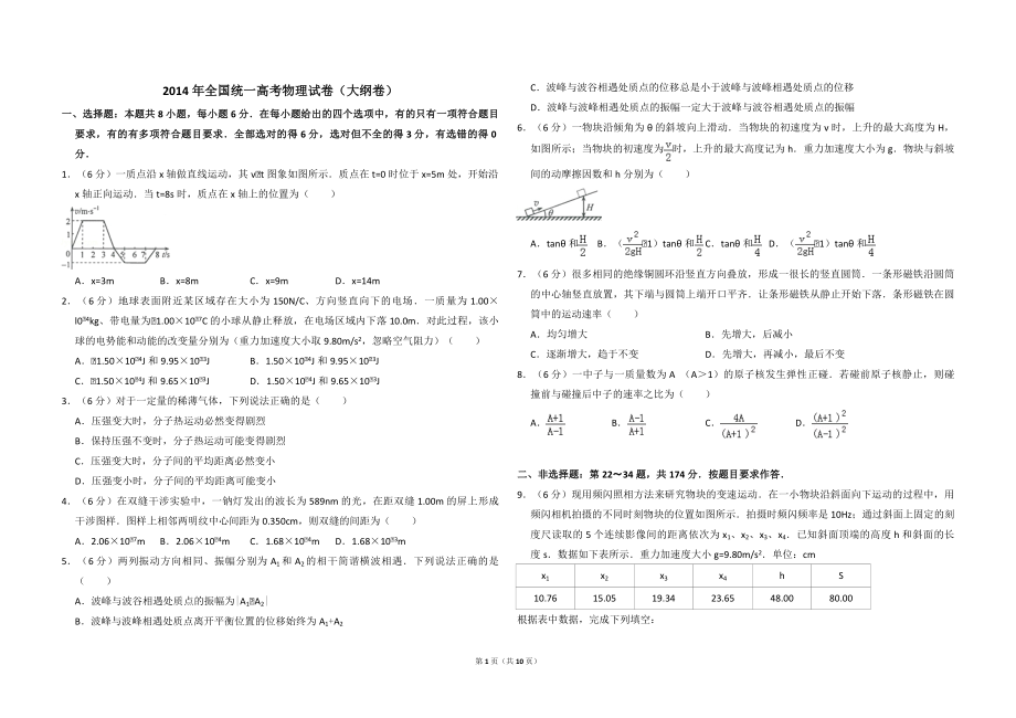 2014年全国统一高考物理试卷（大纲卷）（含解析版）(2).pdf_第1页