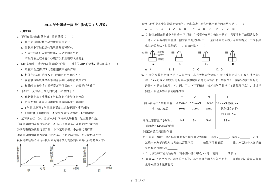 2014年全国统一高考生物试卷（大纲版）（原卷版）(1).pdf_第1页