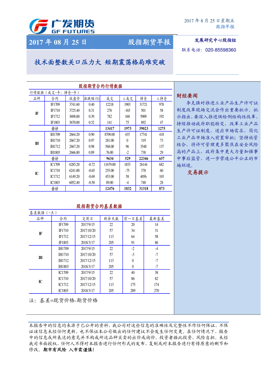 20170825-广发期货-股指期货早报：技术面整数关口压力大 短期震荡格局难突破.pdf_第1页