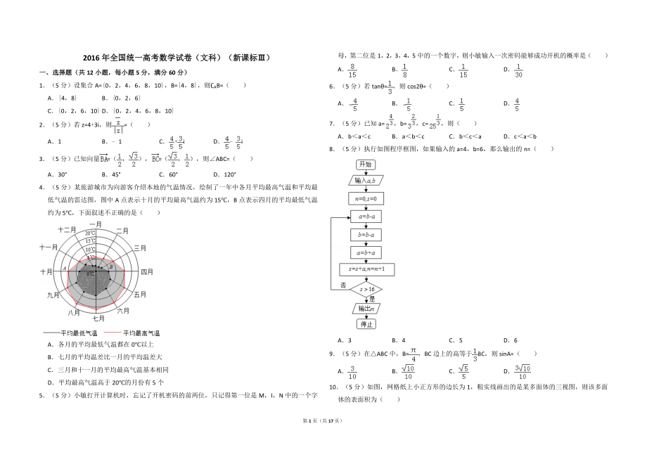 2016年全国统一高考数学试卷（文科）（新课标ⅲ）（含解析版）(1).doc_第1页