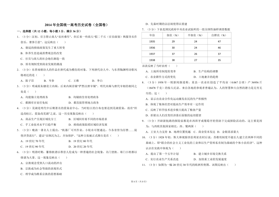 2014年全国统一高考历史试卷（全国卷）（原卷版）(1).pdf_第1页