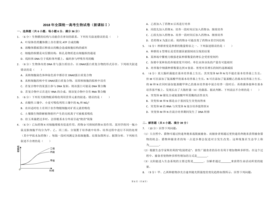 2018年高考真题 生物(山东卷)（原卷版）(1).pdf_第1页