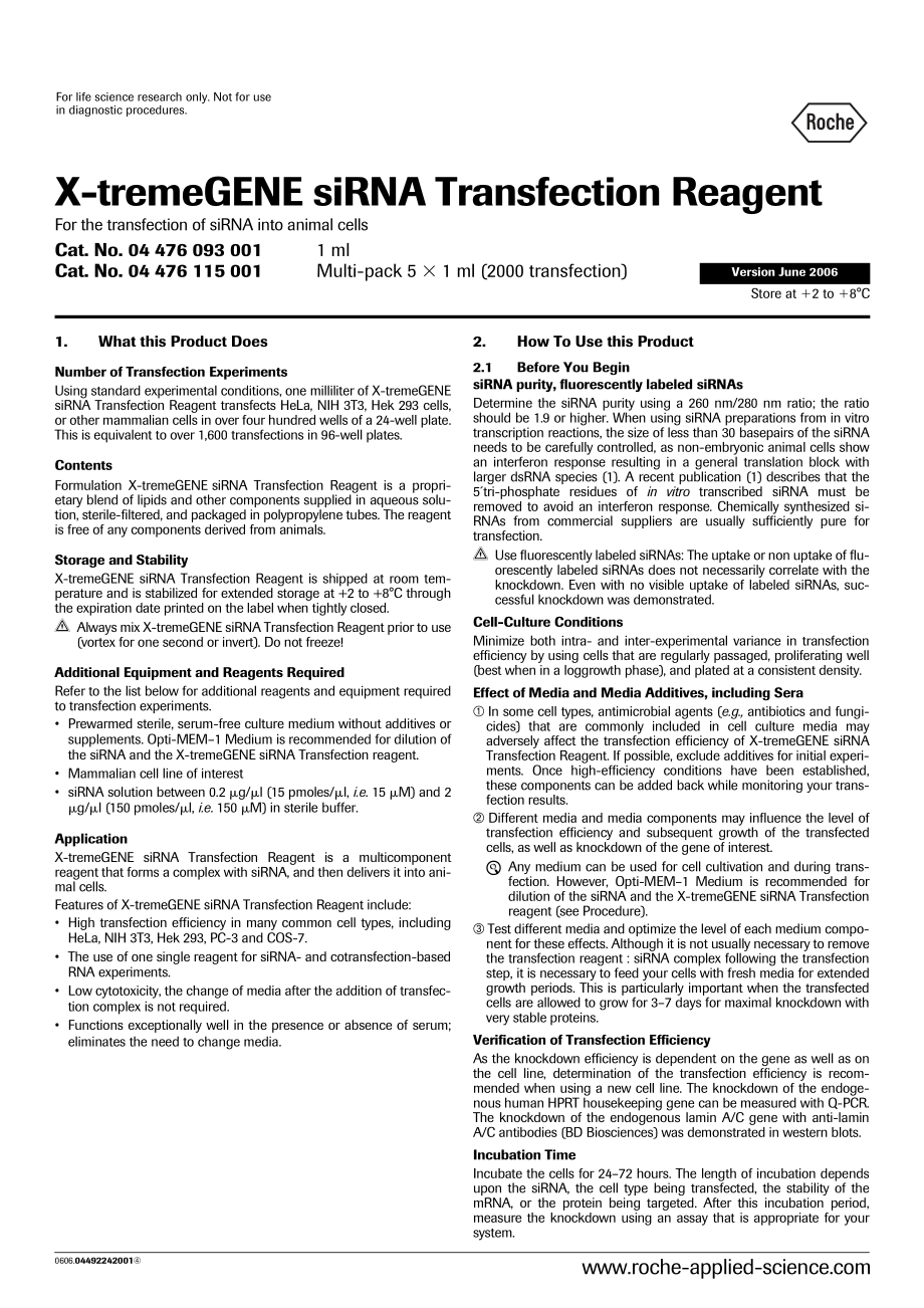 Roche X-tremeGENE SiRNA Transfection Reagent Manual.pdf_第1页