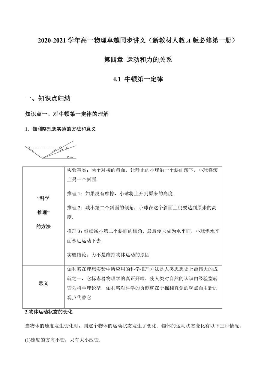 4.1 牛顿第一定律（原卷版）-2020-2021年高一物理知识讲学卓越讲义（新教材人教版必修第一册）.docx_第1页