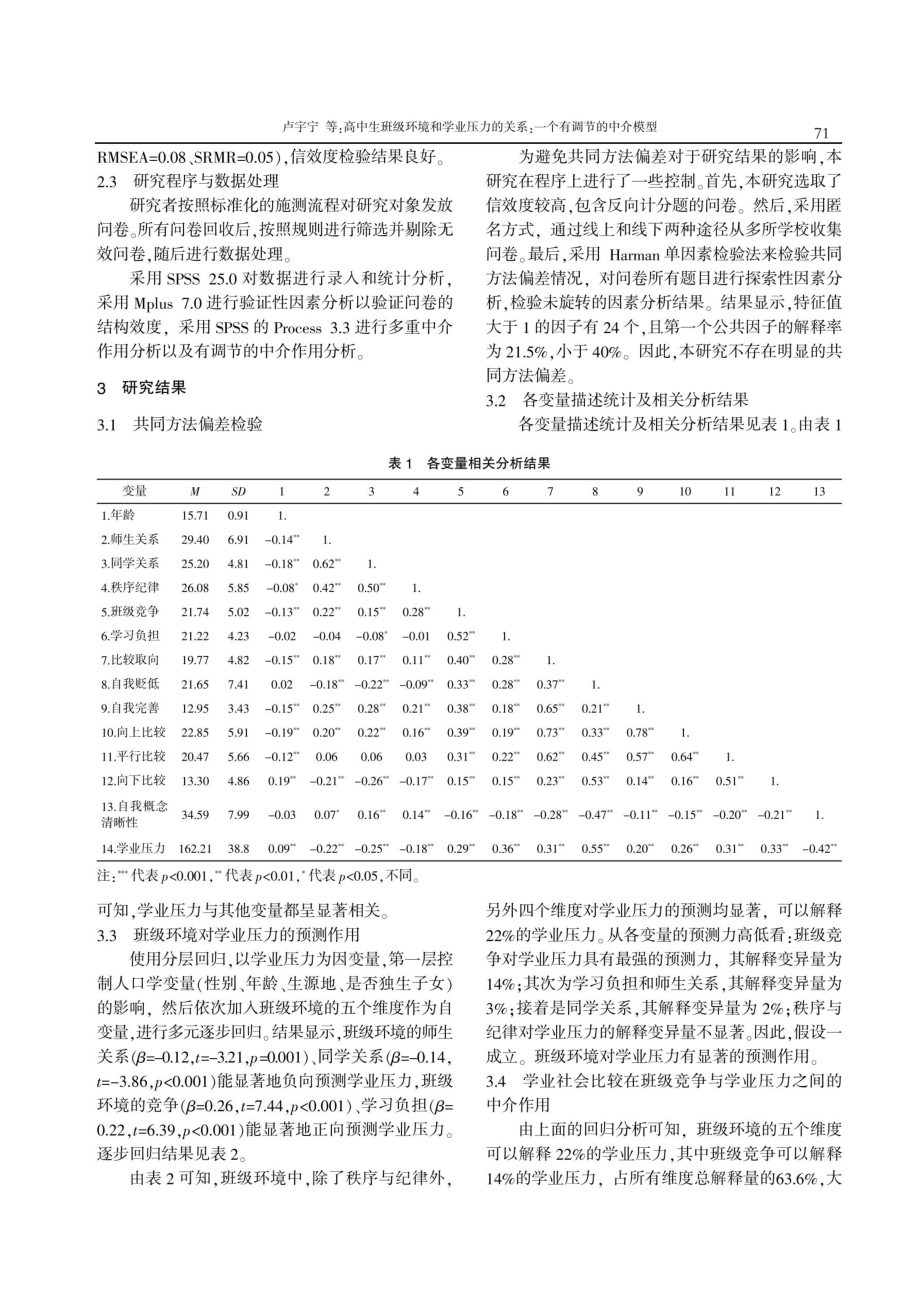 高中生班级环境和学业压力的关系：一个有调节的中介模型.pdf_第3页