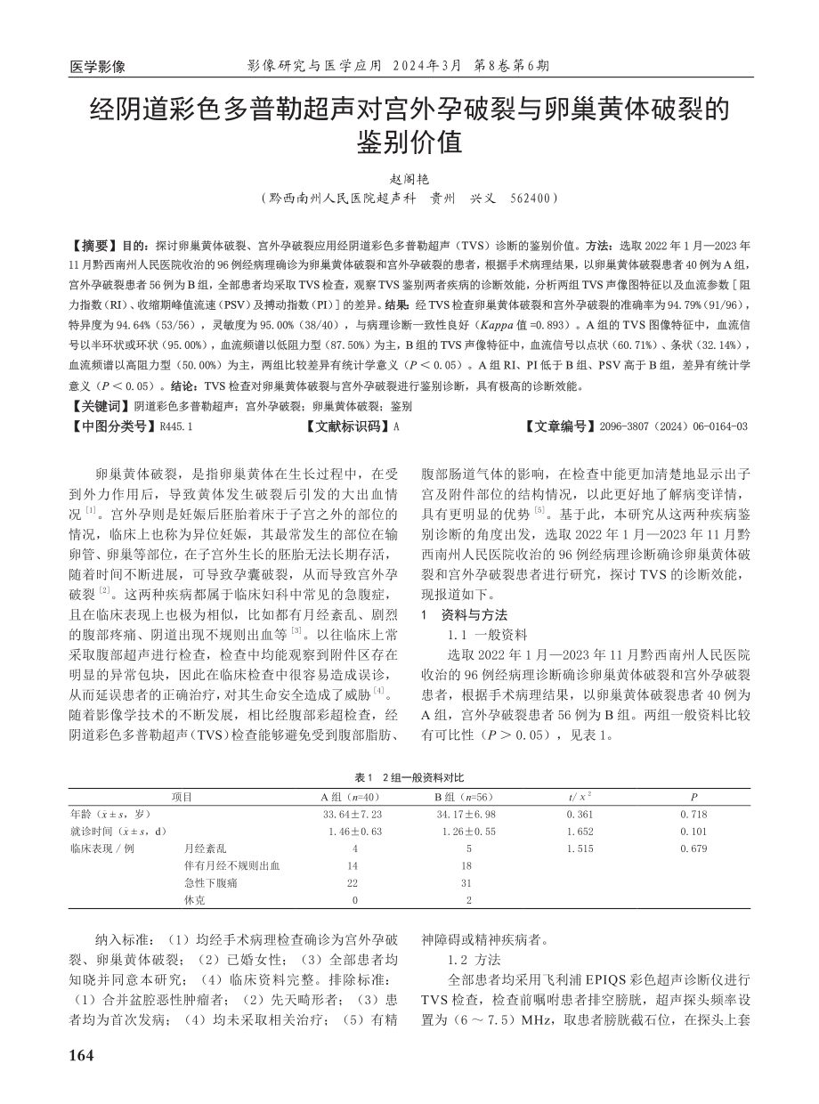 经阴道彩色多普勒超声对宫外孕破裂与卵巢黄体破裂的鉴别价值.pdf_第1页