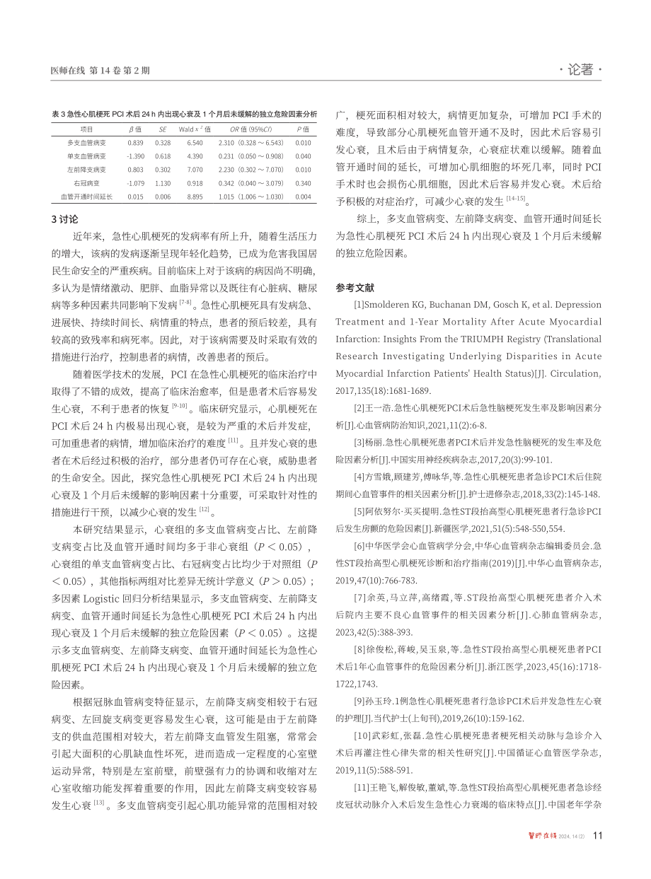 急性心肌梗死PCI术后24 h内发生心衰及1个月后未缓解的相关因素分析.pdf_第3页