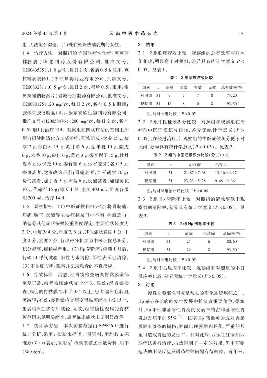 健脾清化方联合四联疗法治疗幽门螺杆菌感染慢性非萎缩性胃炎脾虚湿热证的临床观察.pdf_第2页